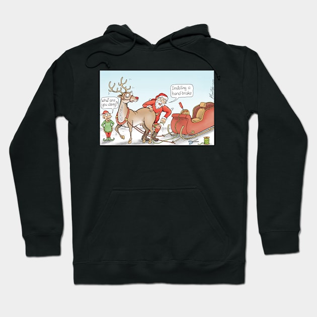 Santa installing a hand-brake. Hoodie by JedDunstan